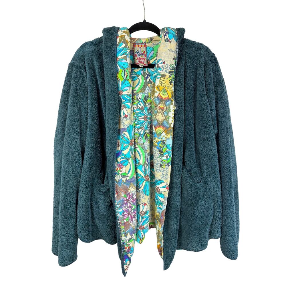 Johnny Was Reversible Fuzzy Floral Hooded Open Front Jacket Women’s XL Artwear